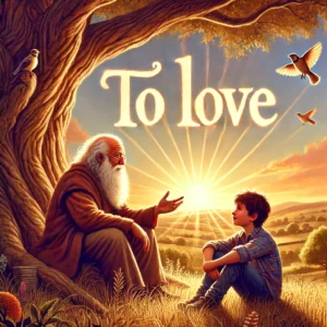 A wise old man with a gentle smile sits under a large tree, speaking to a curious young boy. The words "TO LOVE" are prominently displayed in the sky, emphasizing the message of wisdom, kindness, and the greatest purpose in life. The scene is peaceful and inspiring, capturing the essence of love as the greatest knowledge, action, and reward.