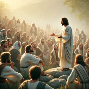 Jesus stands in the center of a gathered crowd, teaching about love and the greatest commandments. Men, women, and children listen intently, seated on rocks or standing in an open field with soft sunlight filtering through the trees. The image conveys wisdom, kindness, and the call to love God and neighbour.