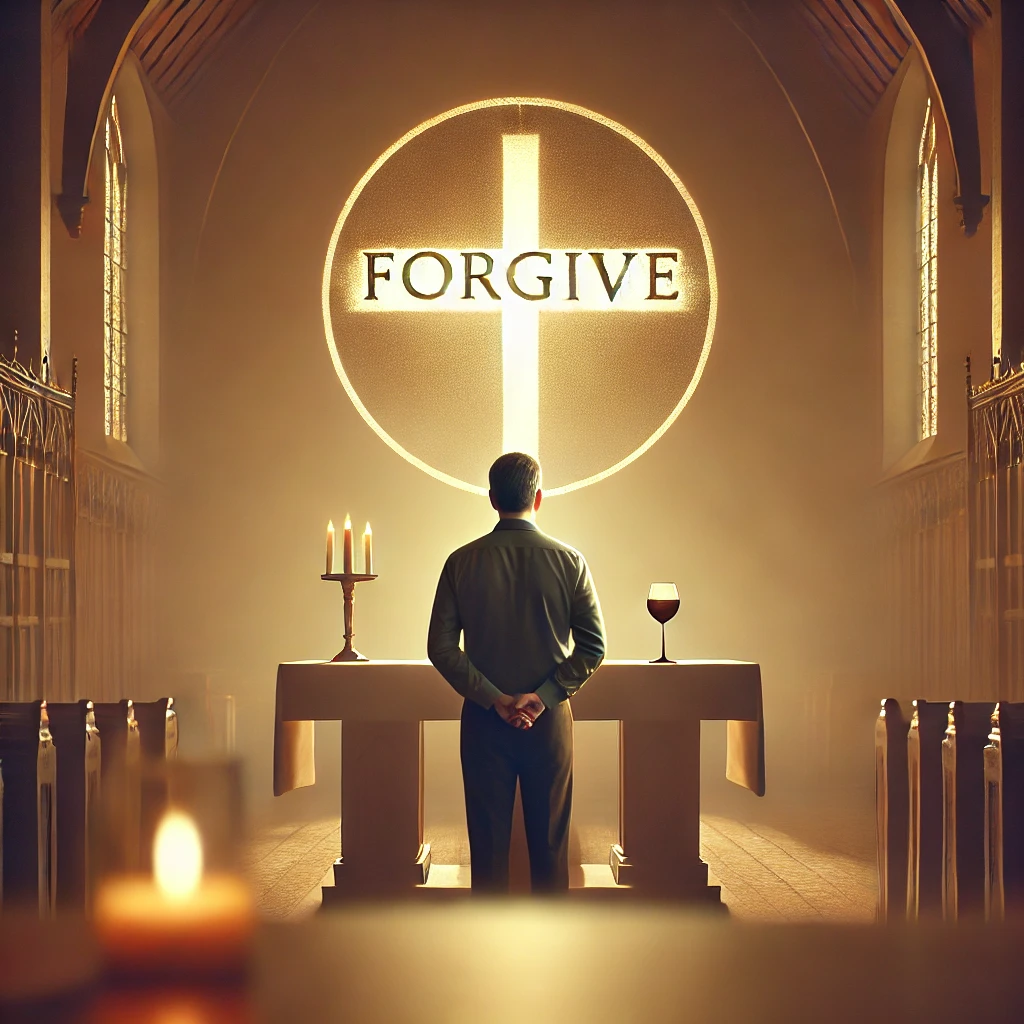 A man stands before the altar in a peaceful church, deep in reflection. A warm light shines on a cross in the background, symbolizing forgiveness and reconciliation. The word "FORGIVE" is softly imprinted in the scene, conveying a message of spiritual renewal during Lent.