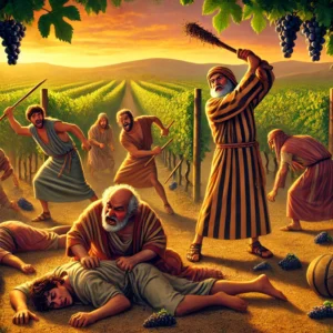 A biblical scene depicting tenants violently beating the servants of the landowner in a vineyard, illustrating the parable from Matthew 21:33-44.