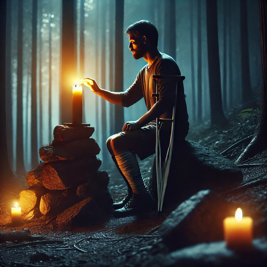 A blind man placing a lit candle on a rock in a dark forest, symbolizing selfless kindness and doing for others as you wish for yourself.