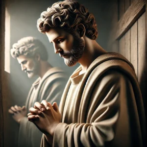 St. Joseph in silent reflection, receiving divine guidance in a moment of deep prayer.