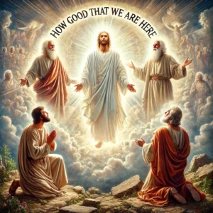 "The Transfiguration of Jesus on Mount Tabor, with Peter, James, and John in awe, and the words 'HOW GOOD THAT WE ARE HERE' imprinted in the sky."