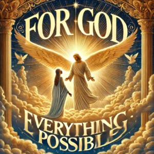 "The angel Gabriel appears to the Virgin Mary in a radiant divine light, with the words 'For God - Everything Possible' imprinted, symbolizing faith and trust in God's power." 